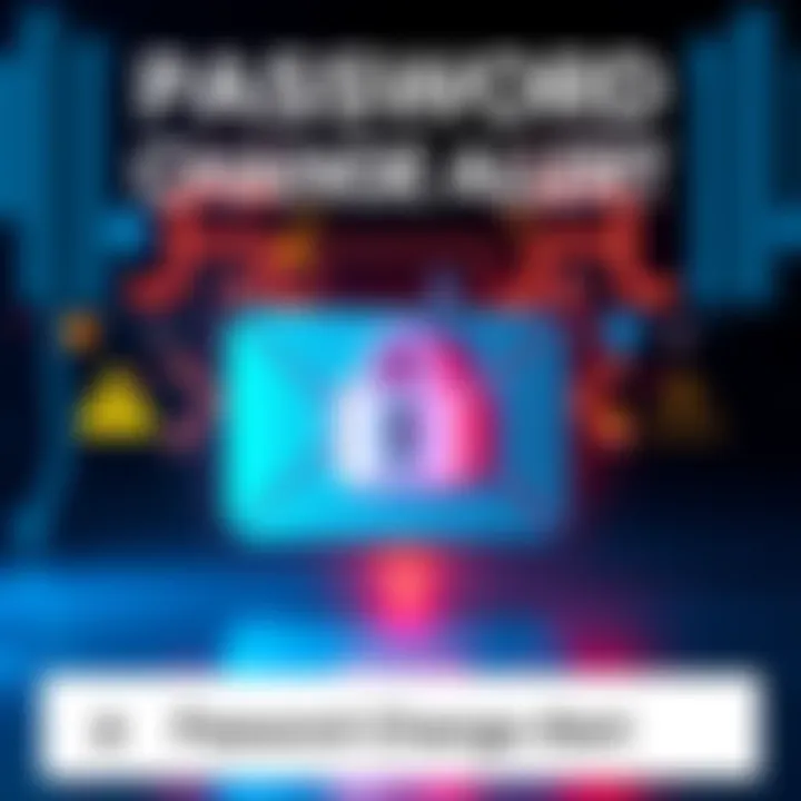 Password Change Alert An email notification warning about a password change request, with symbols representing caution and security like a lock and an exclamation mark.