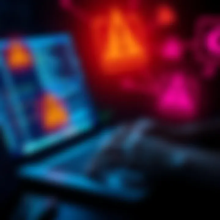 A person typing on a laptop with warning symbols about password safety, highlighting risks of using song lyrics as passwords.