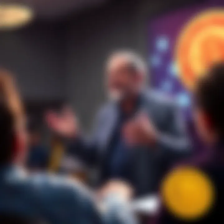Pastor Tim speaking at a Dogecoin Foundation event, passionately discussing plans for the future of Dogecoin and encouraging community involvement.