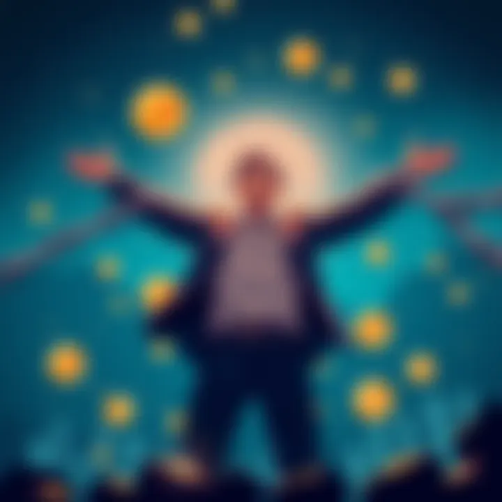 A digital illustration of a person breaking free from chains symbolizing traditional jobs, with cryptocurrency icons in the background.