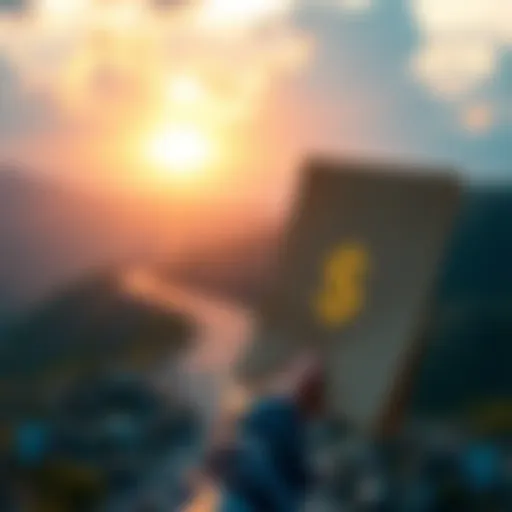 A person holding a roadmap with a dollar sign, looking towards a bright horizon symbolizing financial goals.
