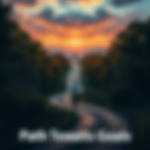 A person walking on a winding path surrounded by trees, appearing close to a distant goal on a hilltop.