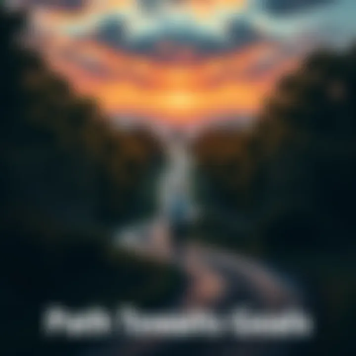 Path Towards Goals A person walking on a winding path surrounded by trees, appearing close to a distant goal on a hilltop.