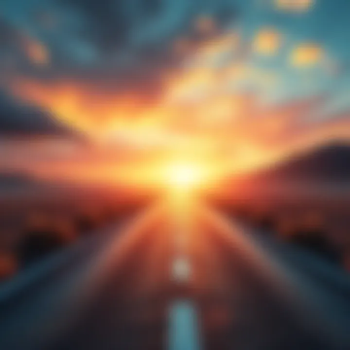 A winding road leading towards a bright horizon, symbolizing the journey of societal development and success.