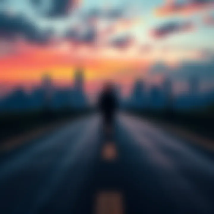 A person standing at a crossroads, contemplating selling cryptocurrency, with a backdrop of a city skyline symbolizing opportunity.