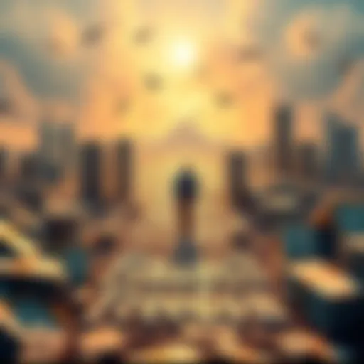 A person walking on a path surrounded by symbols of money and financial growth