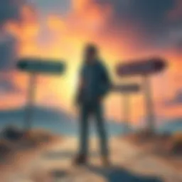 A person standing at a crossroads, looking at signs pointing in different directions with a determined expression.