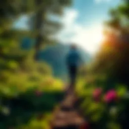 A person walking on a upward path surrounded by greenery, symbolizing growth and progress.