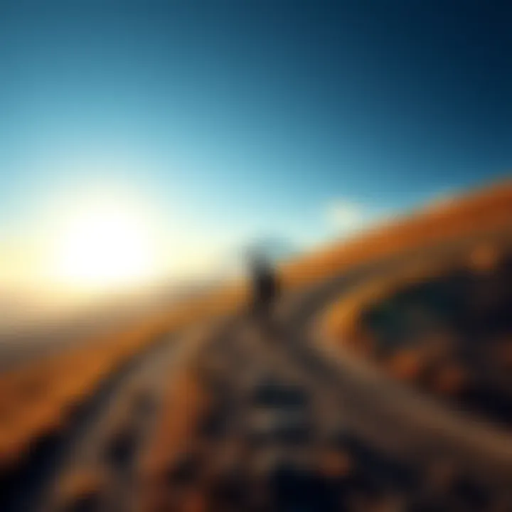 A person walking a winding path toward a distant mountain under a bright sky.