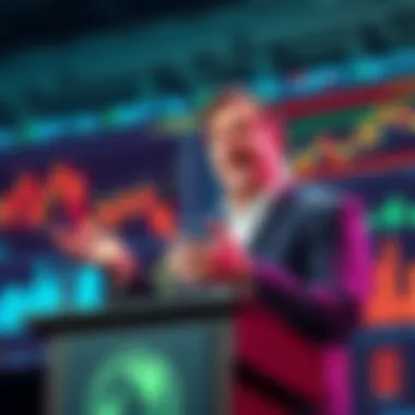 Patrick Boyle explaining the Infinite Money Glitch at a podium, with graphs and charts in the background showing financial data