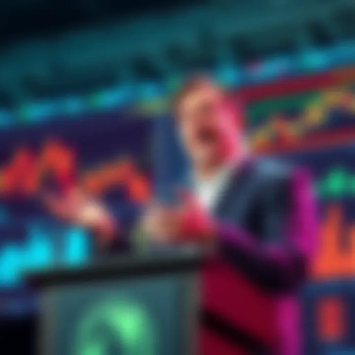 Patrick Boyle Discussing Money Glitch Patrick Boyle explaining the Infinite Money Glitch at a podium, with graphs and charts in the background showing financial data