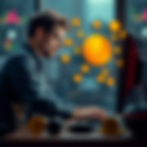 Paul Sztorc working on a computer with Bitcoin symbols and eCash branding around