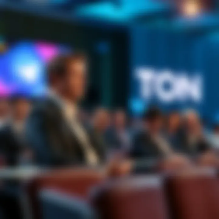 Pavel Durov speaking at a conference about new plans for TON and the rebranding to Gram, with investors looking concerned in the audience.