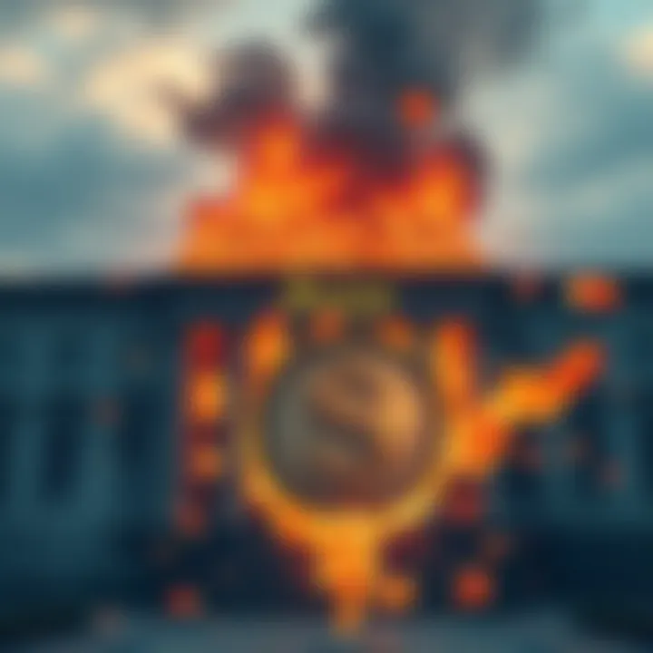 Paxos Minting Incident Paxos building with digital currency symbols and a burning effect representing PyUSD being destroyed