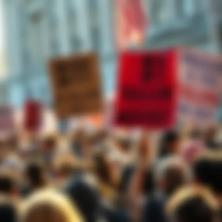 People holding signs demanding a $1 trillion pay increase, advocating for fair wages and economic stability in a public rally.