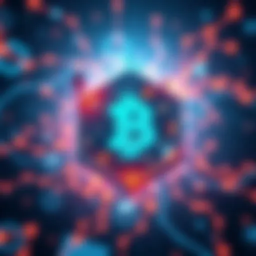 Illustration depicting the PayByte blockchain with symbols of stability and community engagement, featuring mining elements, and a digital network background.