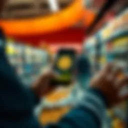 A person making a purchase using a smartphone displaying a Bitcoin wallet app at a grocery store checkout