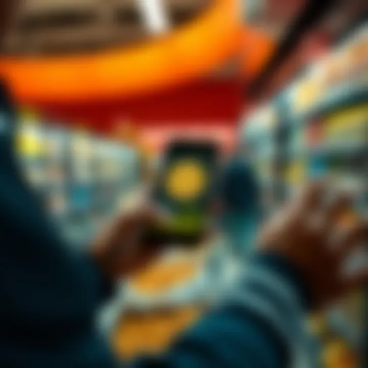 A person making a purchase using a smartphone displaying a Bitcoin wallet app at a grocery store checkout