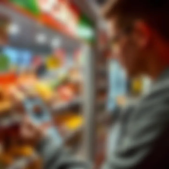 A person purchasing food items at Żabka convenience store using a Bitcoin gift card on a smartphone