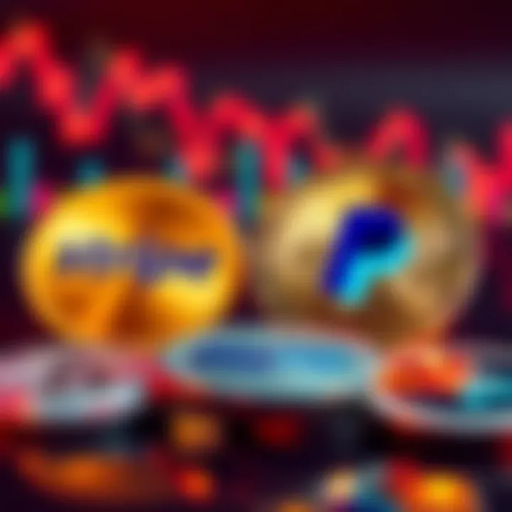 A graphic showing logos of Stripe and PayPal with digital coins representing stablecoins in the background