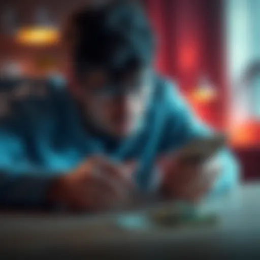 A frustrated person looking at their phone with a small amount of cash visible on the table, symbolizing a delayed payment issue.