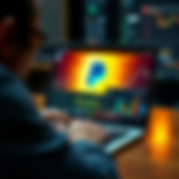 A person using a laptop to buy Bitcoin with PayPal, showing a wallet icon on the screen