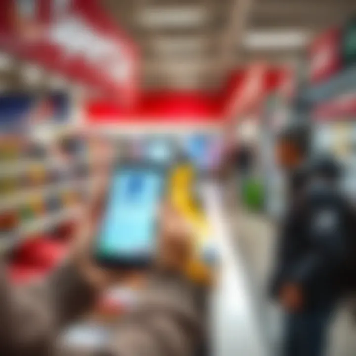 A person using a smartphone with PayPal and Curve apps at a Sports Direct store checkout