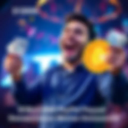 Person celebrating with a Bitcoin symbol and cash, representing the PayPal sweepstakes win