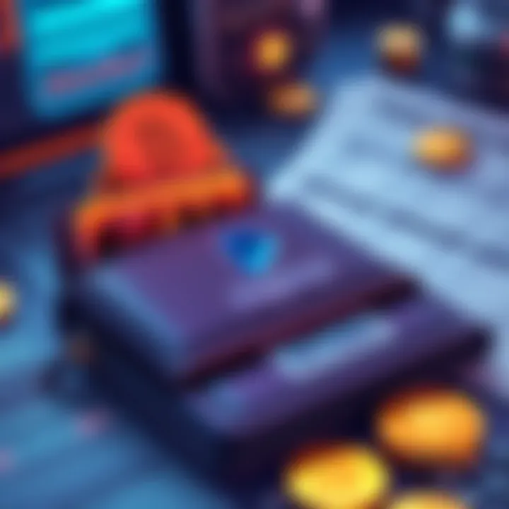 A detailed illustration of cryptocurrency cost basis calculation with PayPal, displaying a digital wallet, coins, and tax forms.