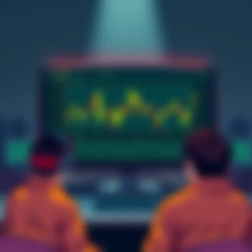 Illustration showing a computer monitor displaying fluctuating hashrate graphs with worried miners in front watching closely