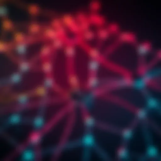 A visual representation of a peer-to-peer device mesh network showcasing multiple devices connected to each other, with lines indicating data flow and communication.