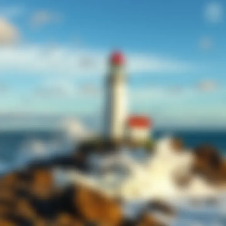 A scenic view of Peggy's Cove lighthouse standing on rocky shore with ocean waves crashing around it.