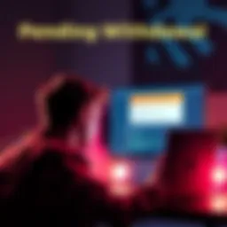 A frustrated person looking at their computer with a pending withdrawal notification on the screen