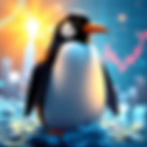 A stylized penguin representing the Pengu cryptocurrency, set against a bright digital background illustrating growth and potential in the crypto market.