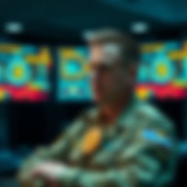 A military officer discussing Bitcoin's role in national defense, with digital screens displaying cyberdefense graphics in the background.