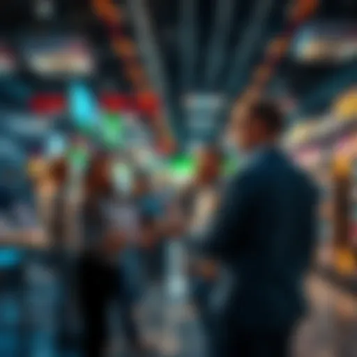 A group of people discussing buying patterns in a market setting, looking at charts and graphs