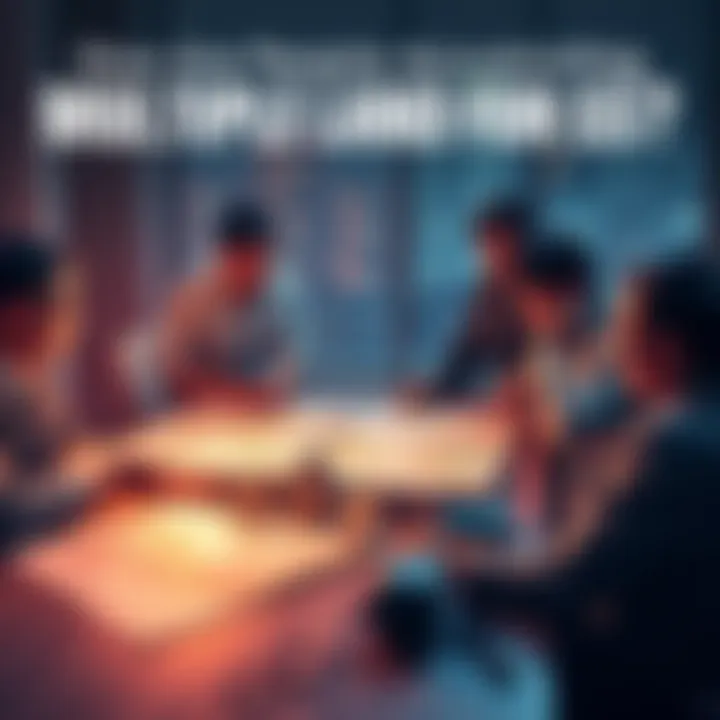 A group of individuals discussing strategies to buy multiple land plots for $5 each, with a display of land maps and atlas coins on a table.