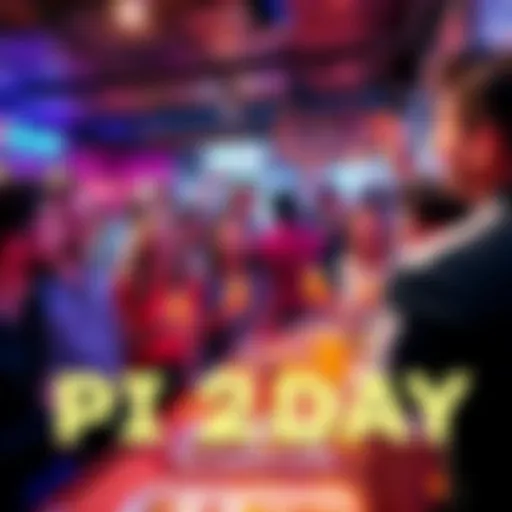 A lively group of people enjoying festivities at PI2DAY with snacks and drinks