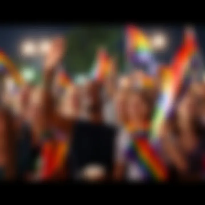 A diverse group of people smiling and proudly holding flags at a community event