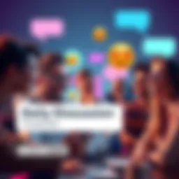 People chatting online A group of people engaging in a lively online discussion with chat bubbles and emojis