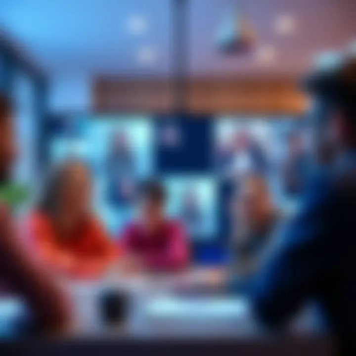 A group of people engaging in a video call, sharing smiles and conversation in a virtual meeting space.