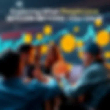 A group of people engaging in a conversation about the advantages of Bitcoin beyond its value, with charts and Bitcoin symbols around them.