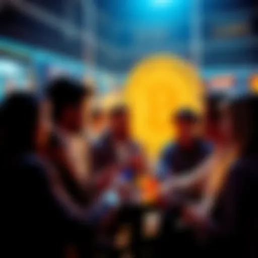 A group of people engaged in discussions about Bitcoin, sharing ideas and questions in a lively atmosphere.