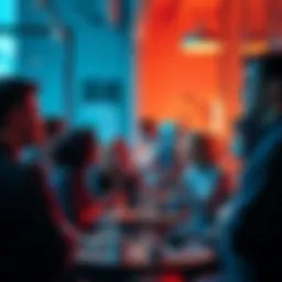 A group of people actively engaging in a conversation about the phrase 'Blue ___ or?' with various interpretations and cultural meanings in a lively setting.