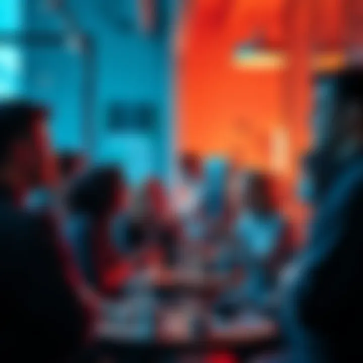 People discussing 'Blue ___ or?' phrase A group of people actively engaging in a conversation about the phrase 'Blue ___ or?' with various interpretations and cultural meanings in a lively setting.