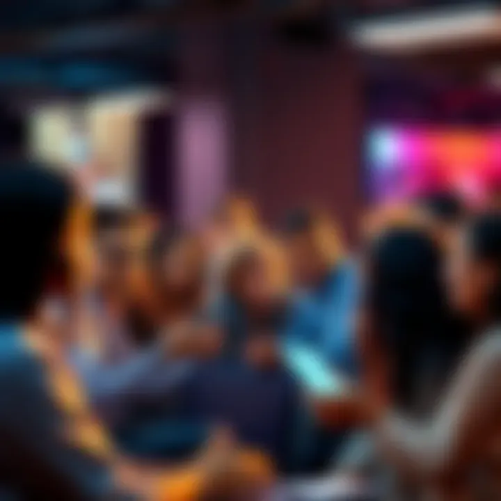 A diverse group of people engaged in a lively discussion about free speech and censorship in online forums.