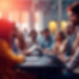A group of people engaged in a lively discussion about creative contributions in forums, with notebooks and laptops open, sharing ideas and insights.