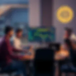 People gathered around a table with laptops, analyzing a low-value cryptocurrency on screens.