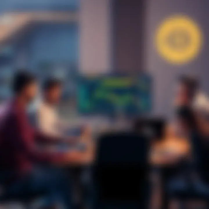 People gathered around a table with laptops, analyzing a low-value cryptocurrency on screens.