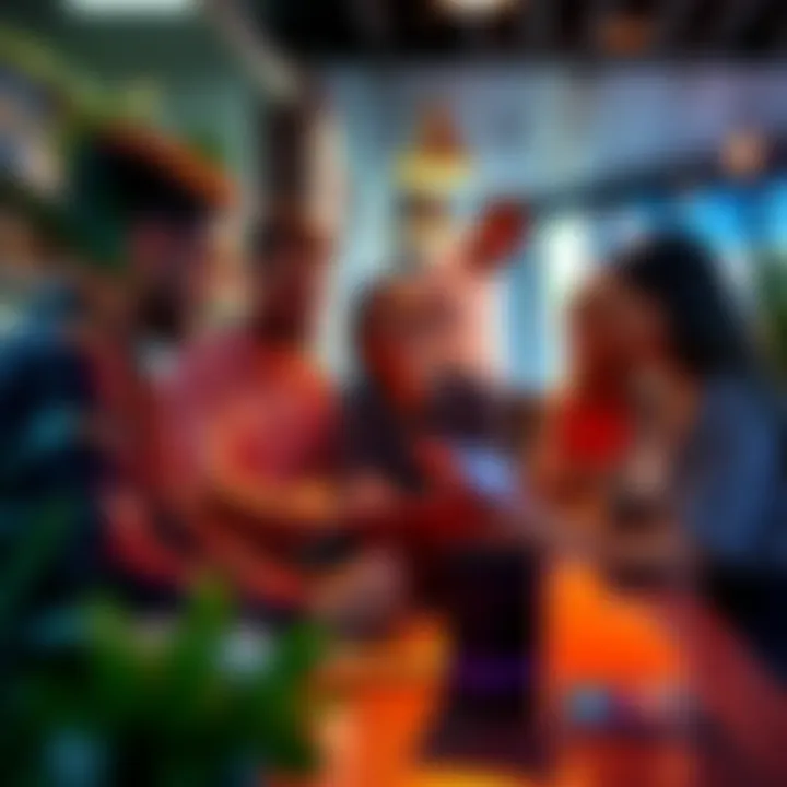 A group of people in a café discussing cryptocurrency and financial choices with graphs and charts on a laptop